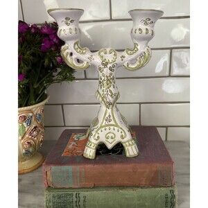Hand Painted Bird Green Portugal Pottery 9.25" Two Candle Candlestick Candelabra
